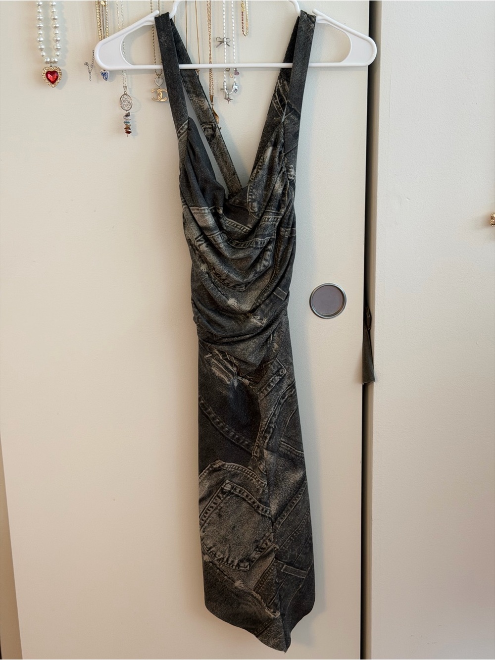 silence + noise Black Denim-Print Cowl Midi Dress